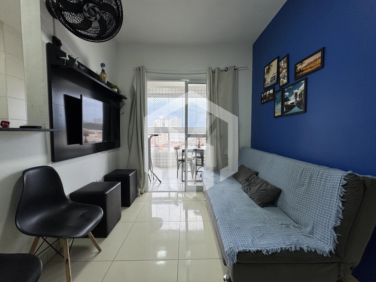 Apartamento de 1 dormitório com sacada gourmet e vista livre em Maracanã, Praia Grande
